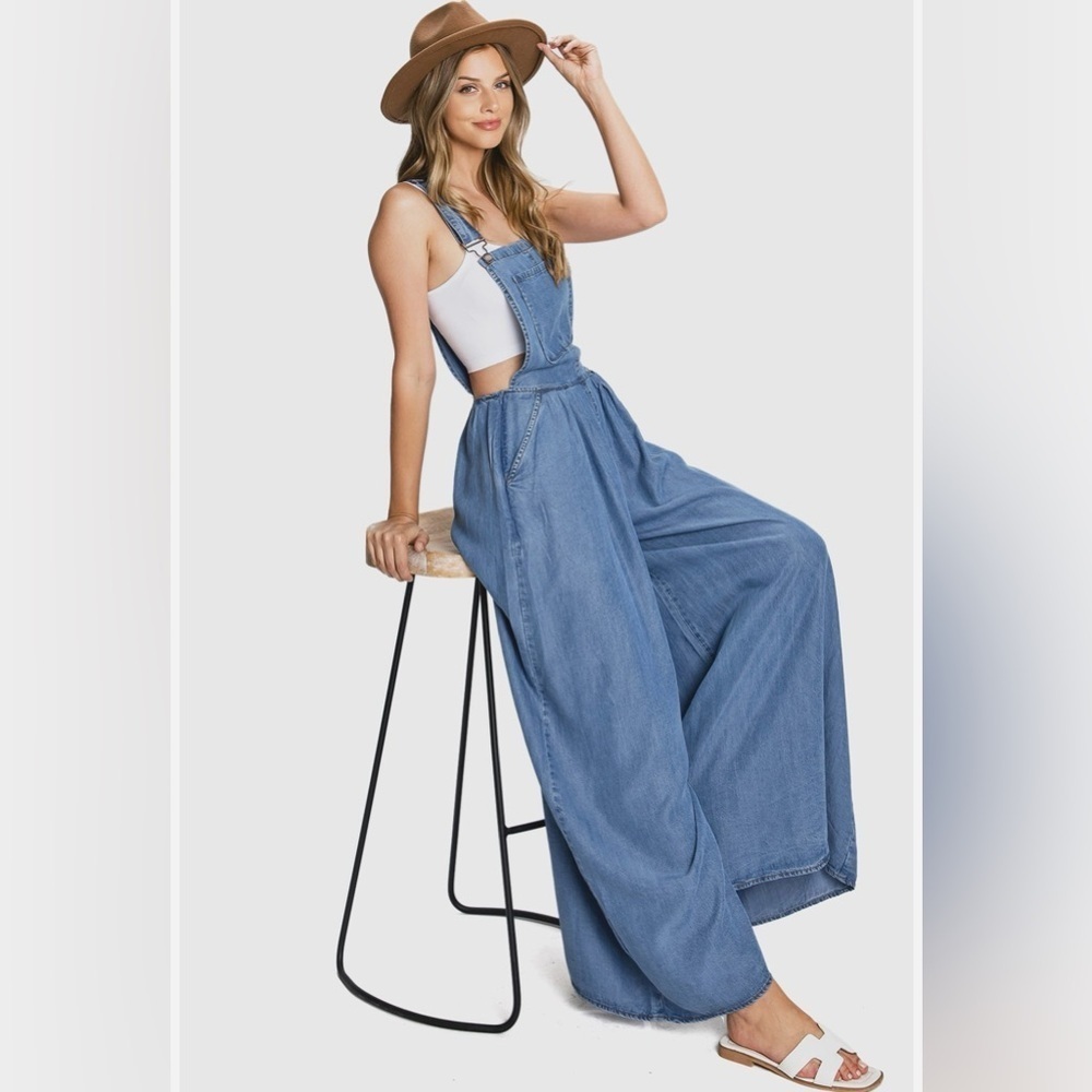 Boho Denim Wide Leg Chambray Overalls Jumpsuit Pockets Boho Summer Casual XXL